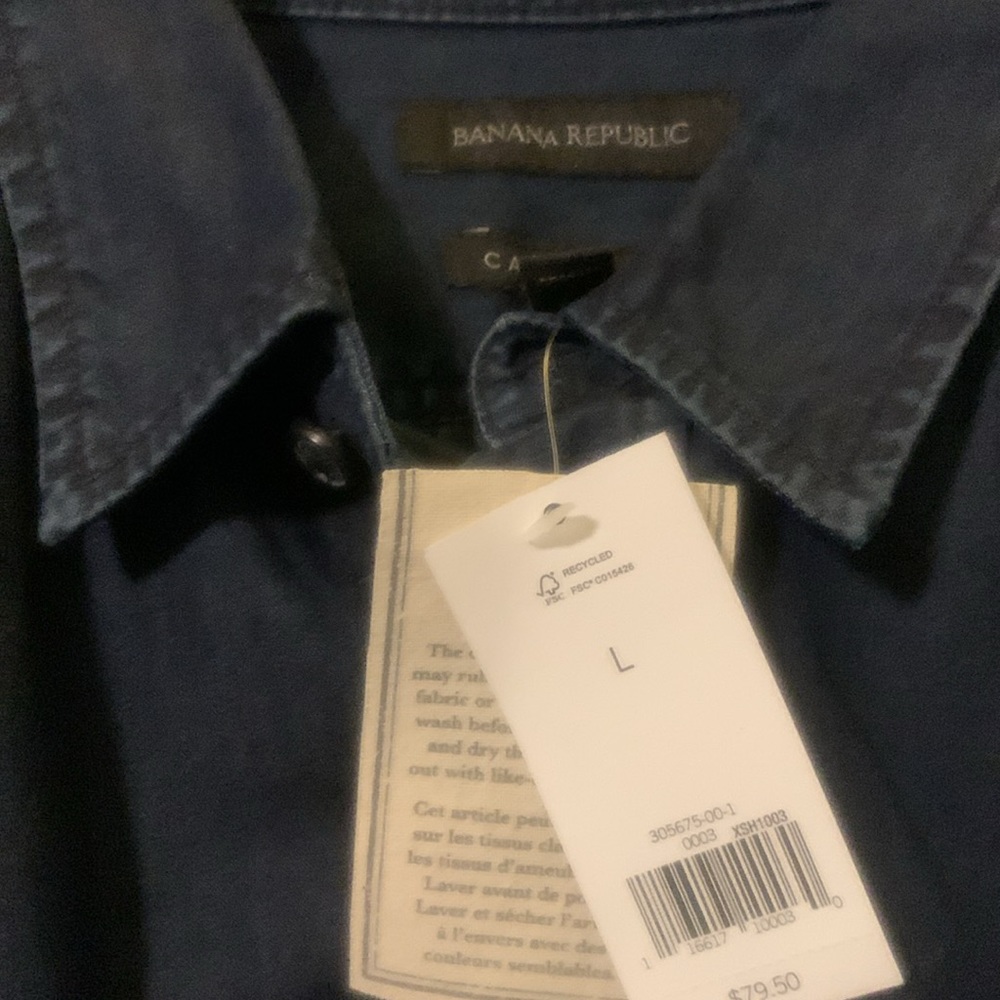 NWT Indigo Denim Button front Collar Long Sleeve Shirt Size Large Rounded hem - Picture 2 of 5